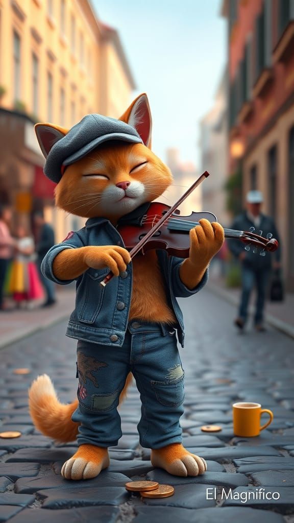 Ginger Cat Street Musician in Pixar 3D Style