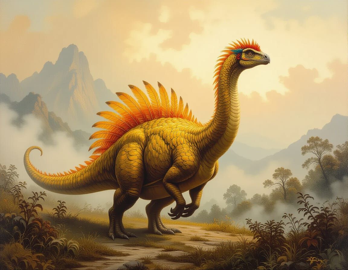 Feathered Brontosaur in Atmospheric Landscape