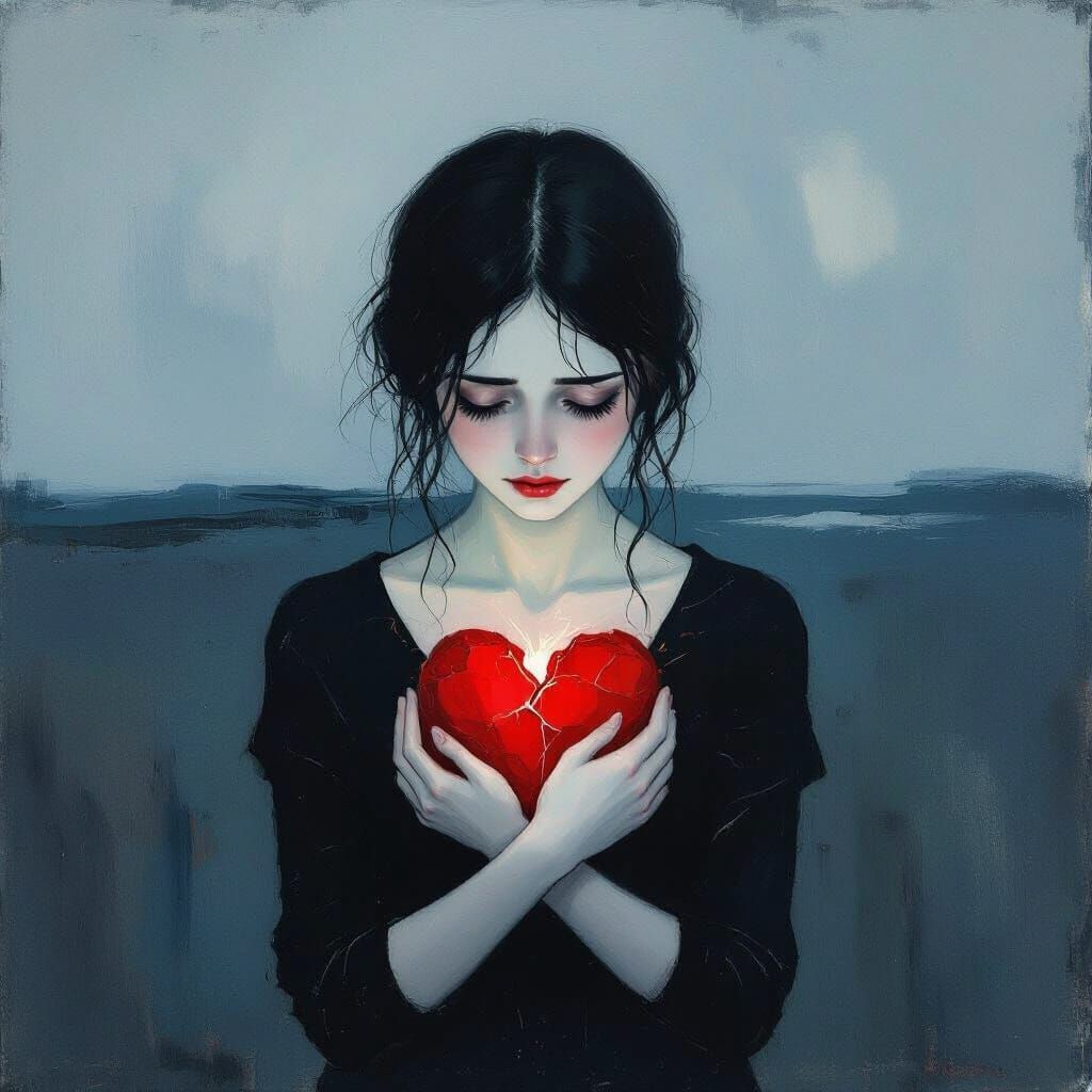 Melancholic Woman Clutches Shattered Heart