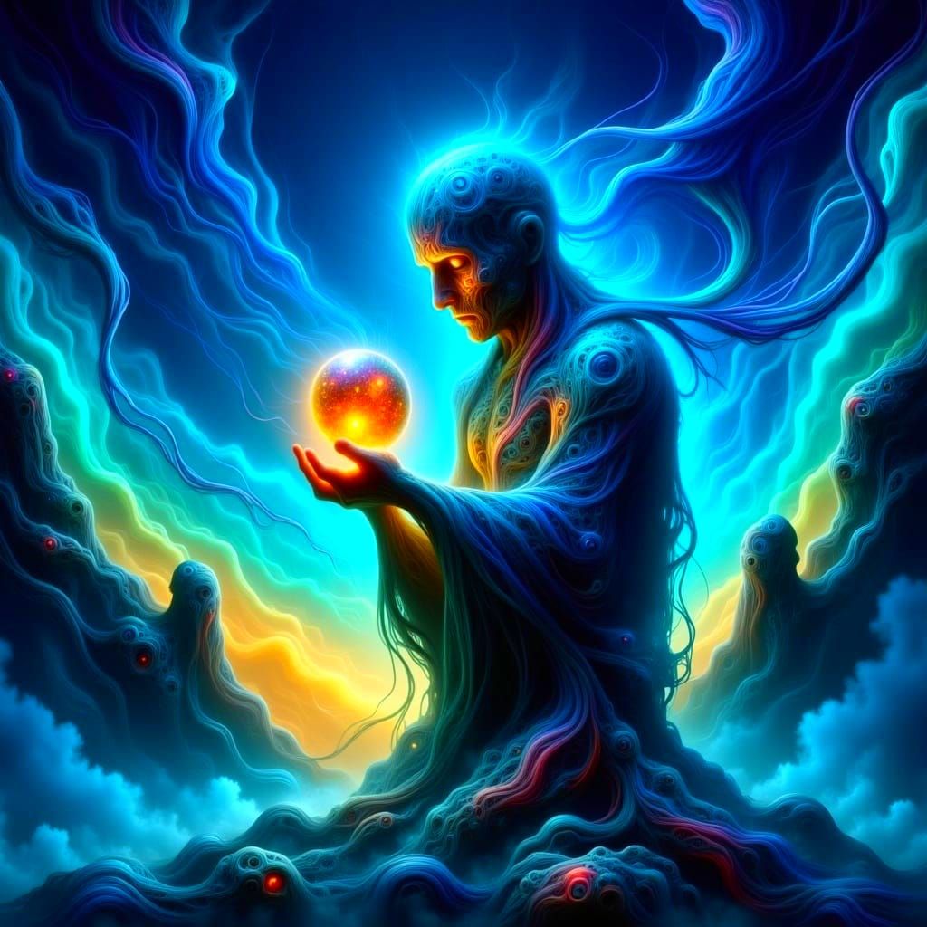 Surreal Figure Commands Glowing, Timeless Stone