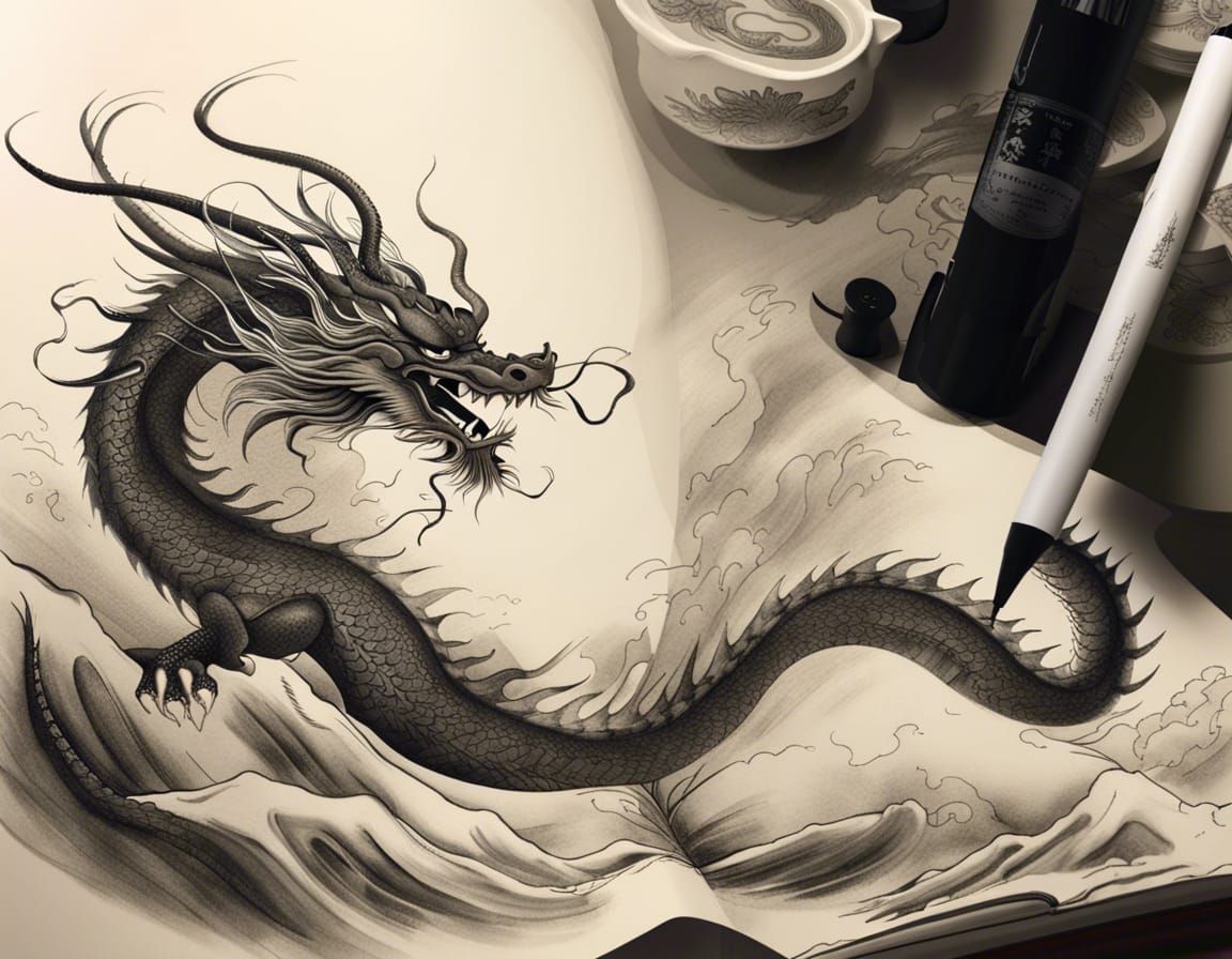 Asian-Style Dragon in Chinese Ink Drawing