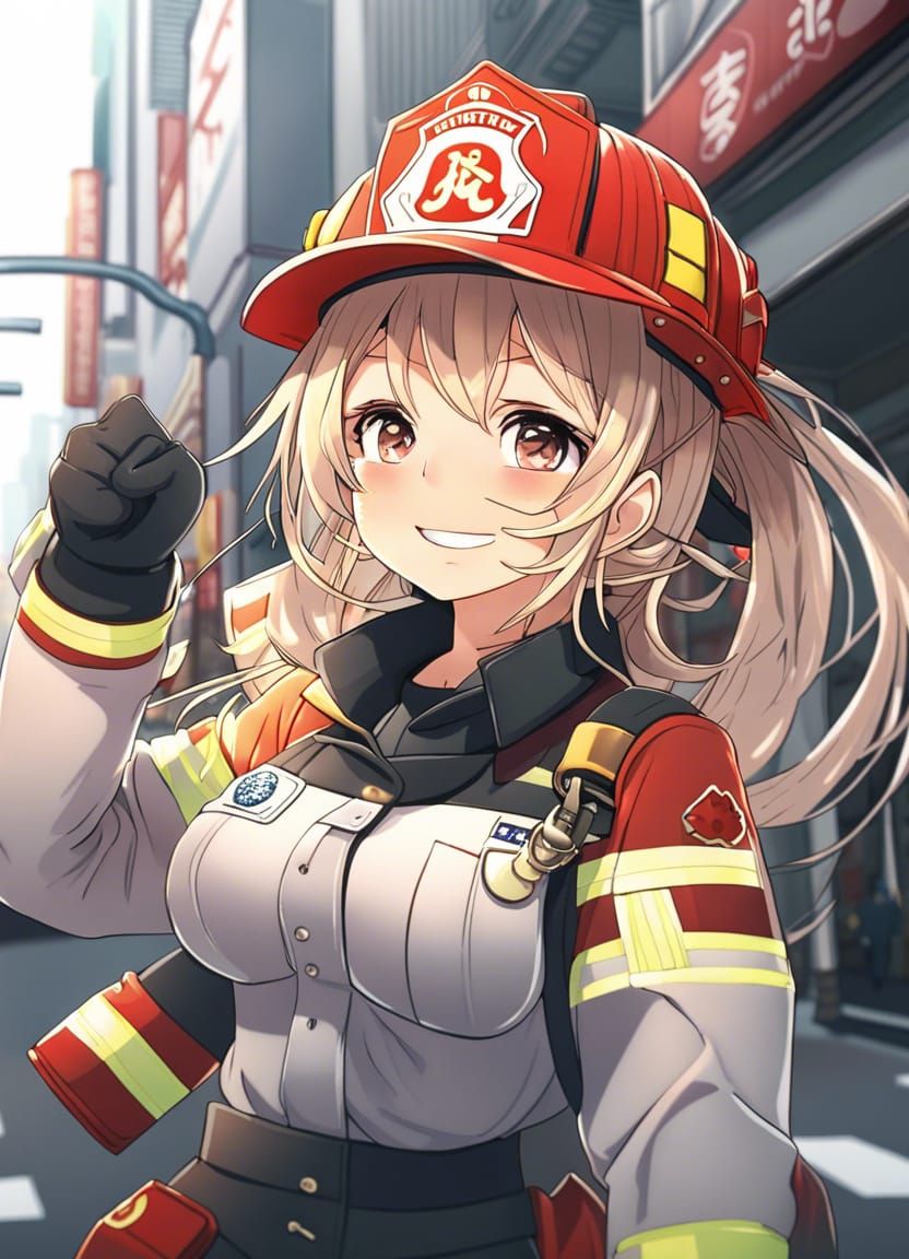 Anime Girl Firefighter in Akihabara in Anime Style
