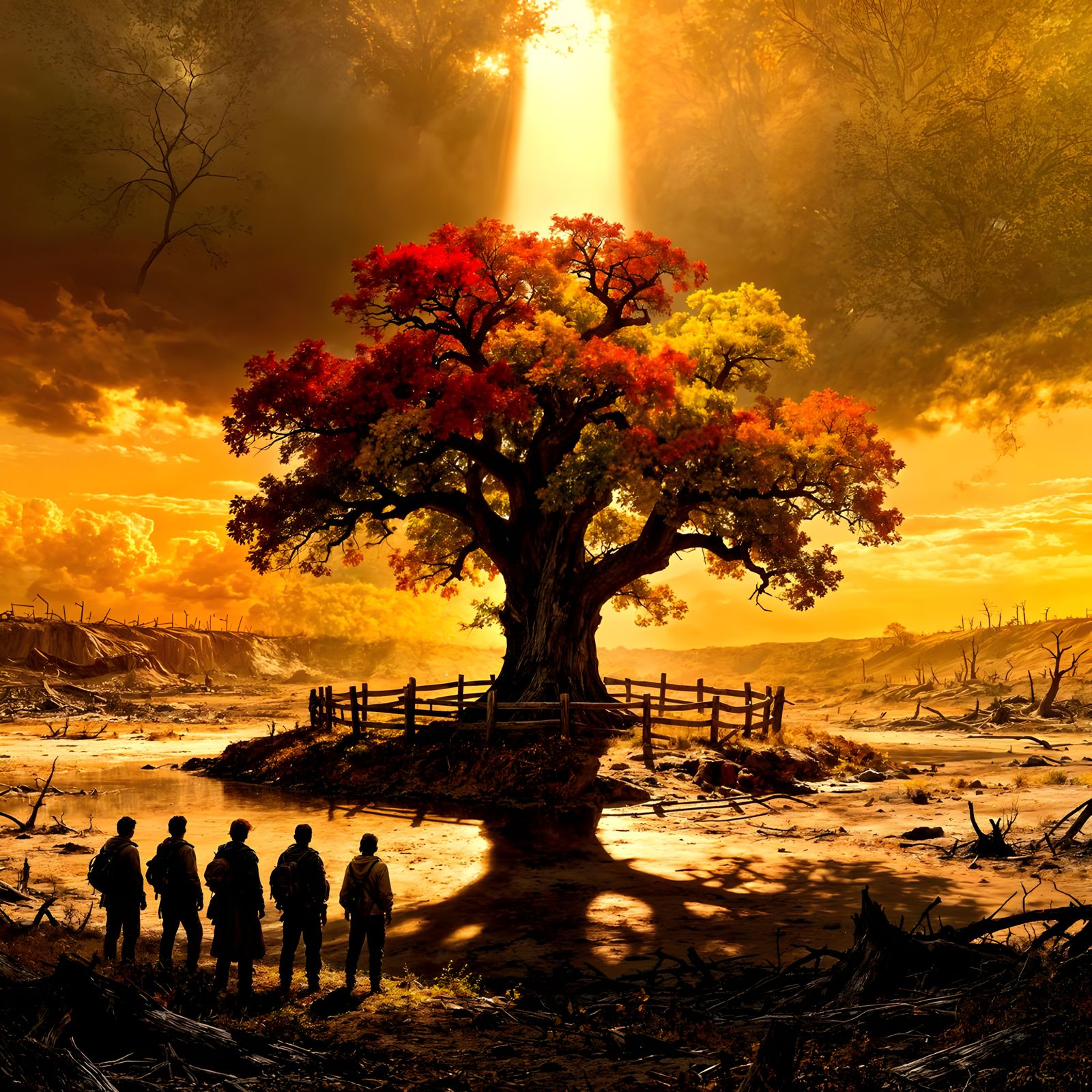 Survivors Admire Lone Autumn Oak in Barren Future