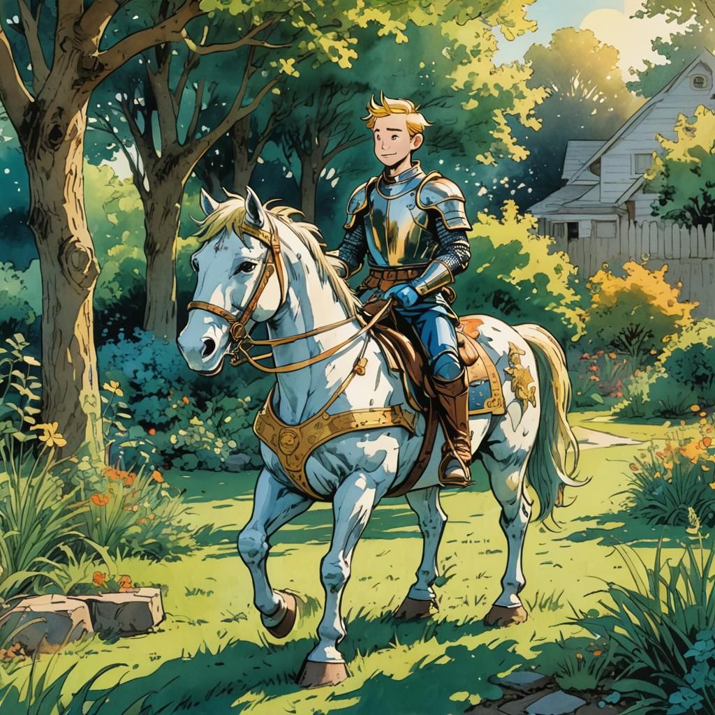 Calvin as Knight on Toy Horse, Watercolor Anime Style