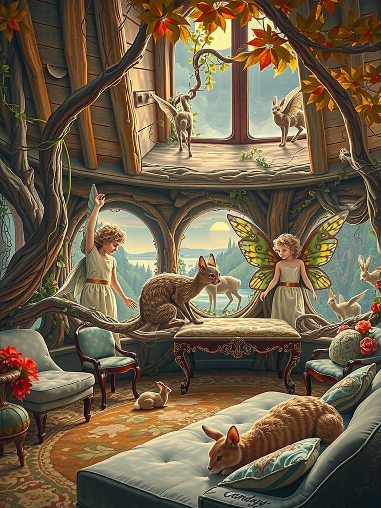 A surreal scene of two mystical fairy children sitting besid...