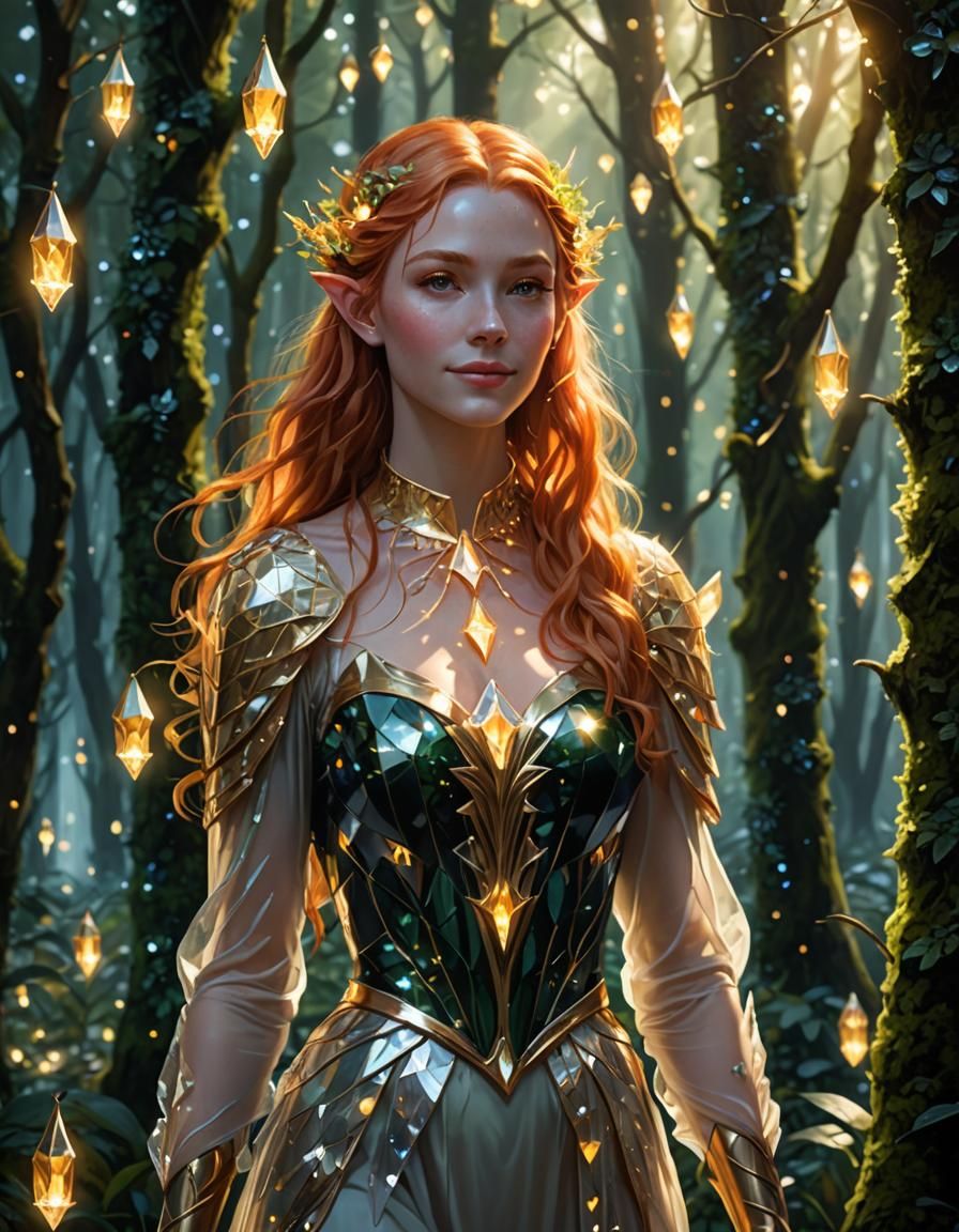 Smiling Elf Girl in Crystalline Forest