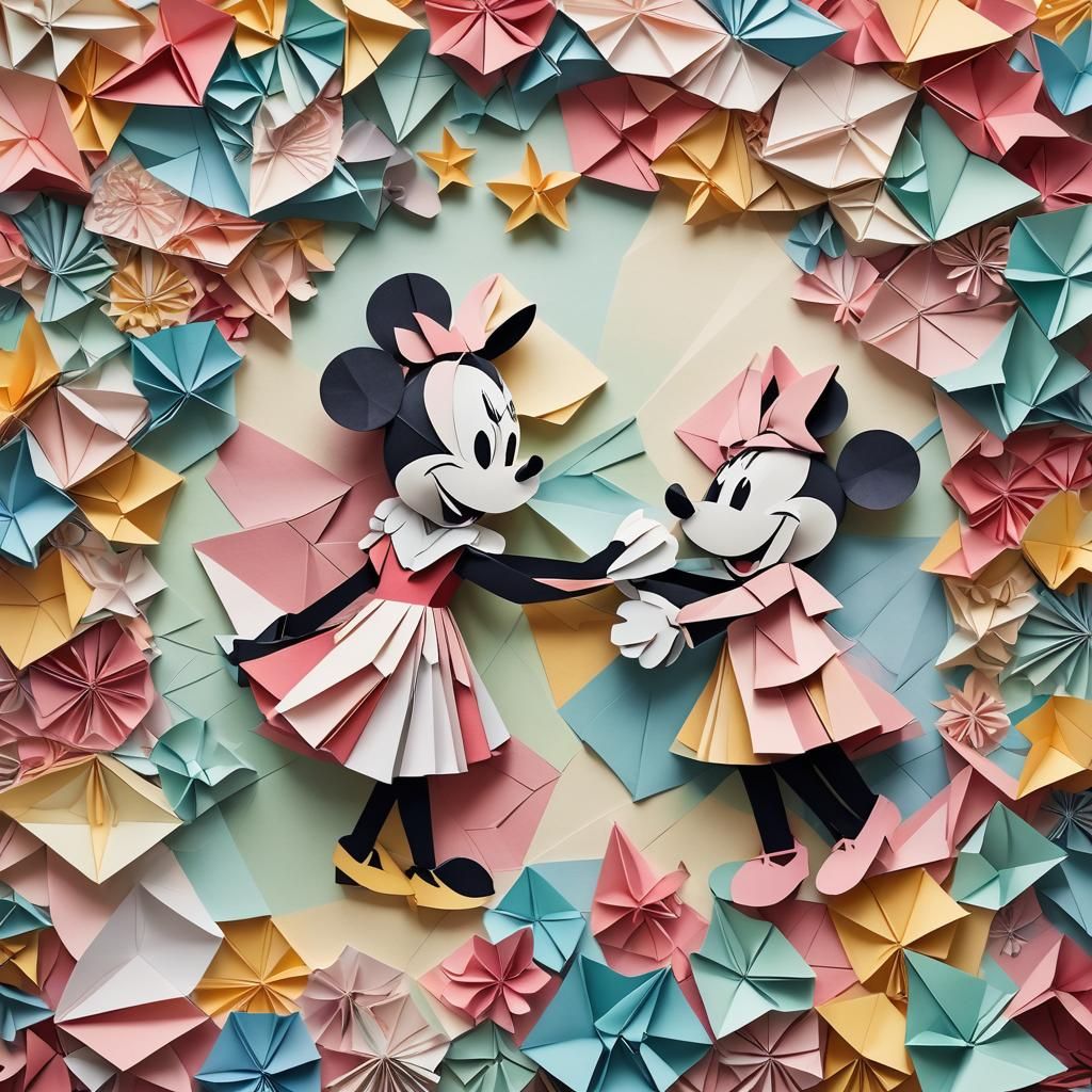 Mickey and Minnie Kiss in Origami Paper Art
