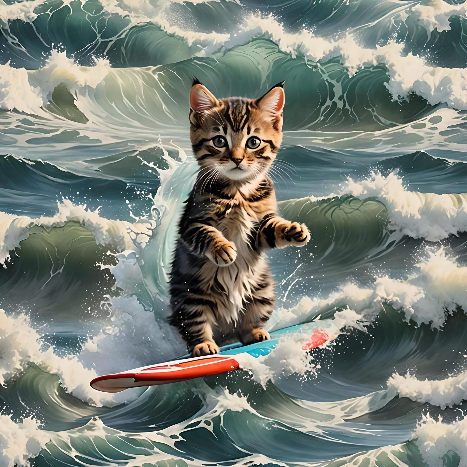 Cute Kitten Surfing Big Waves Collage