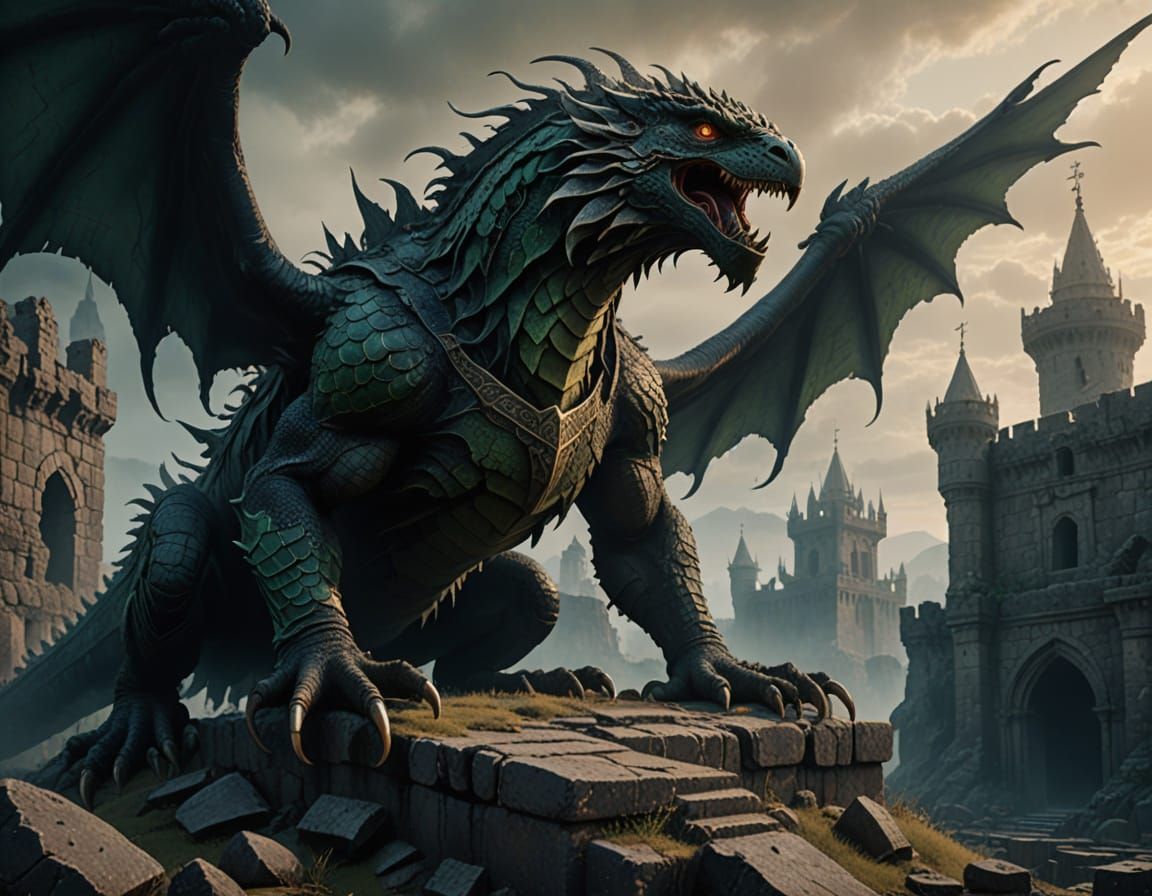 Gothic Basilisk: Dark Fantasy Creature Amidst Ruined Slavic ...