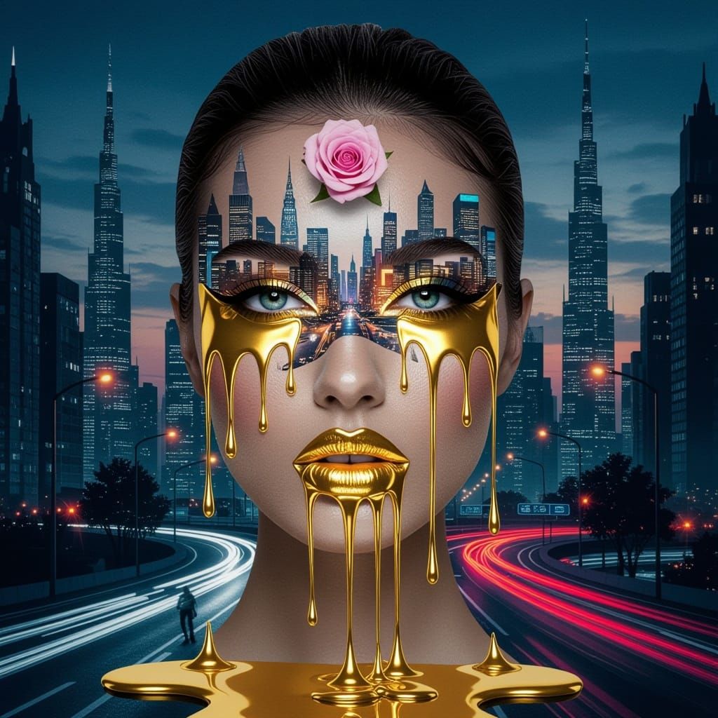 Surreal Cityscape Portrait with Golden Liquid