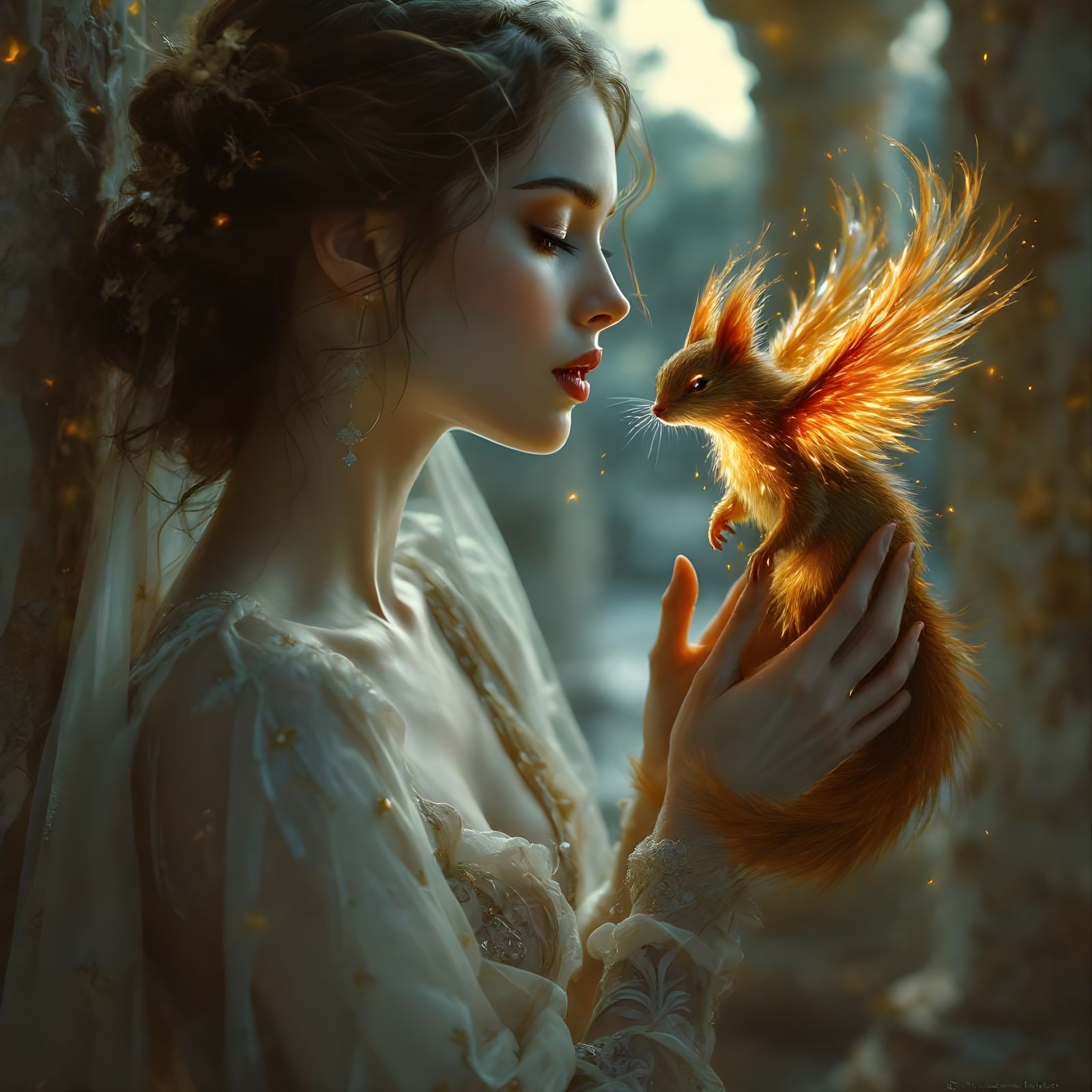 Lady and Phoenix Squirrel in Renaissance Style