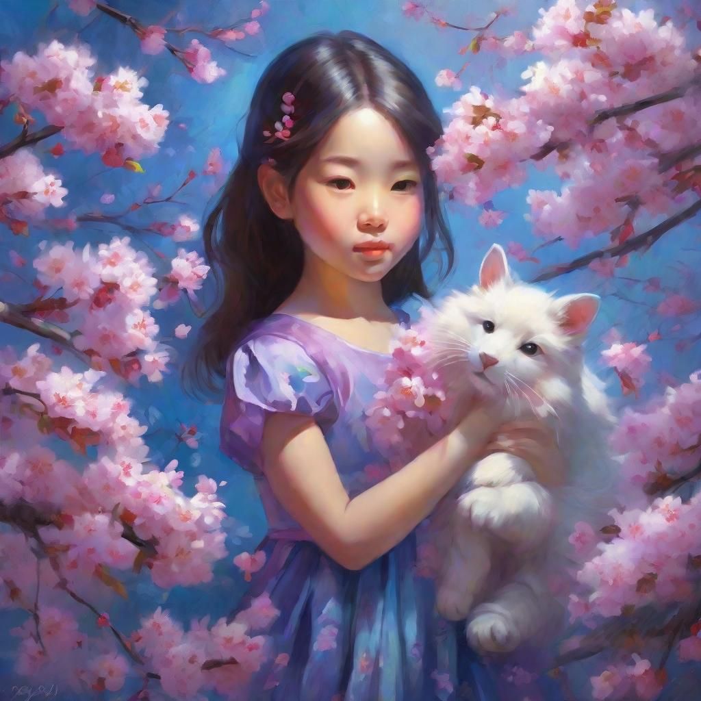 Girl with Cherry Blossoms as Fantasy Oil Painting