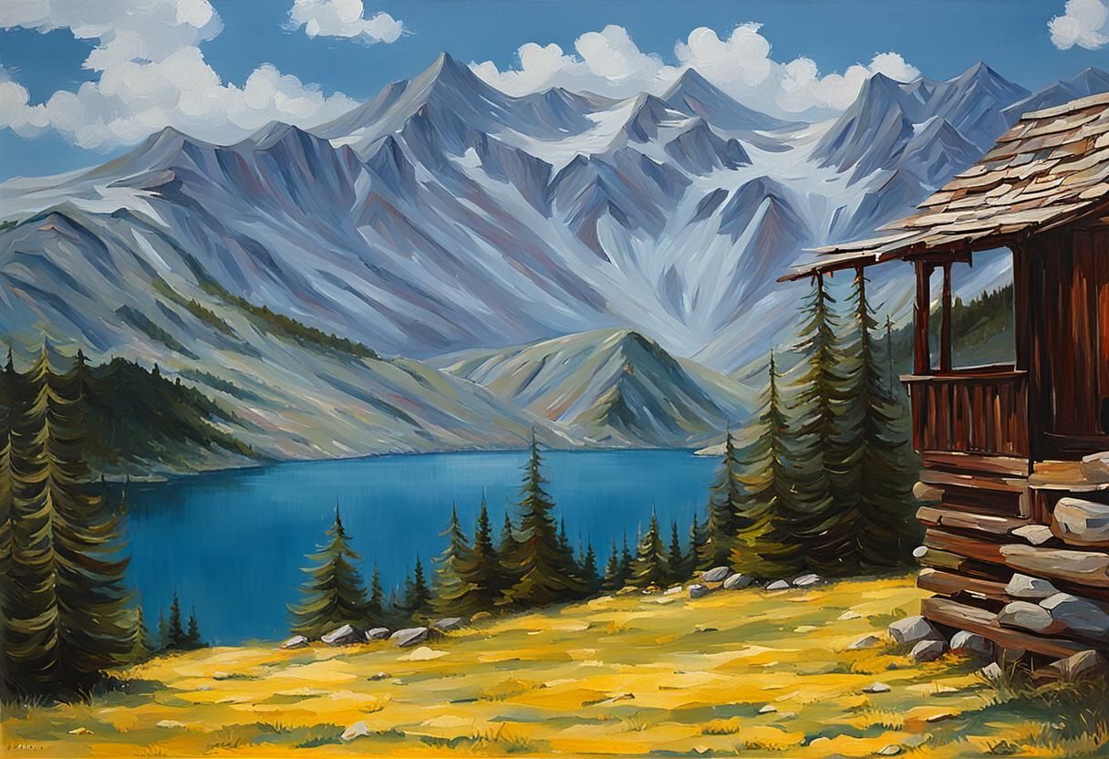 Cabin by Lake in Mountains: Oil Painting