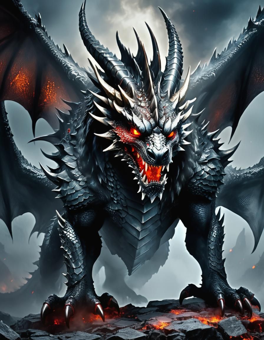 Metallic Four-Winged Dragon in Dark Fantasy Art