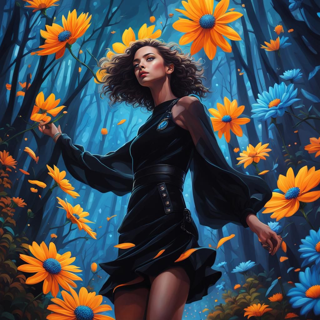 Futuristic Woman Dancing in Neon Forest: Hyperrealistic Art
