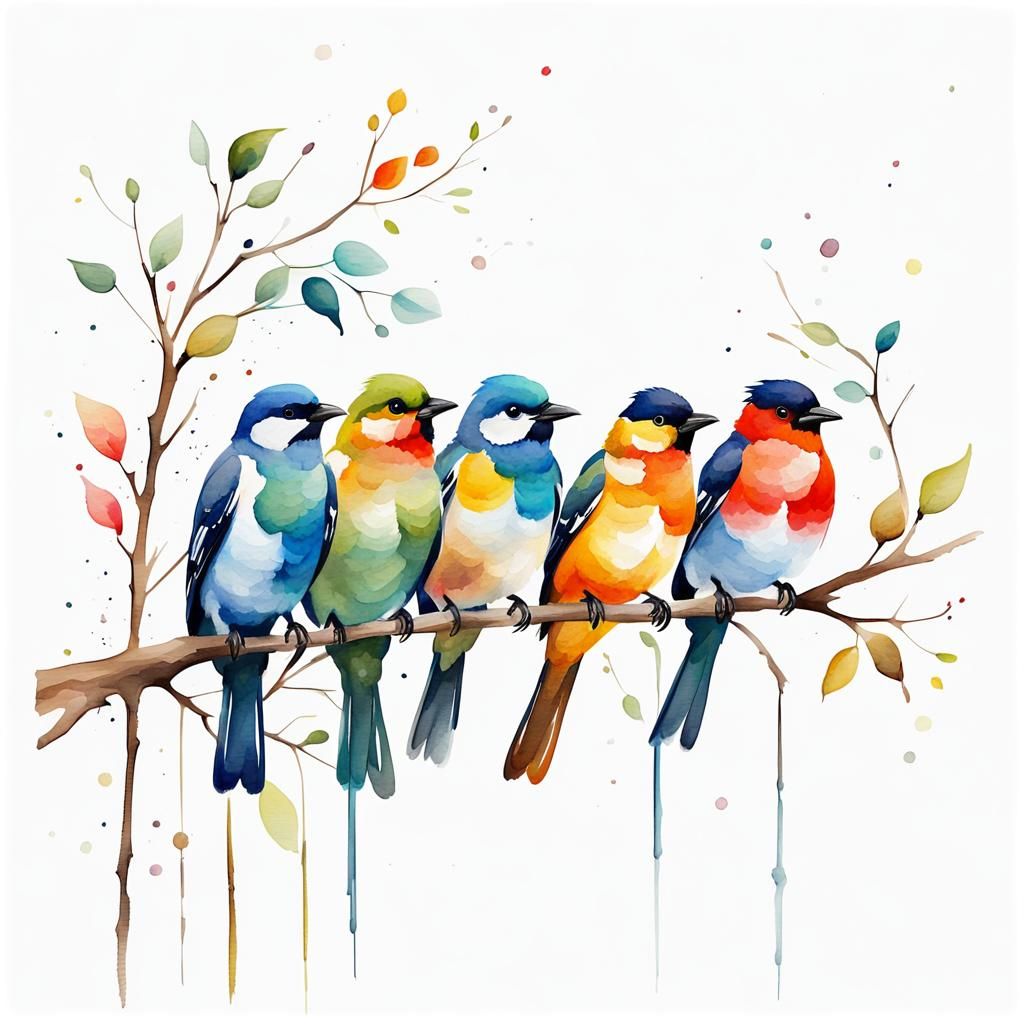Colorful Birds Perched on a Branch in Whimsical Oil Painting...