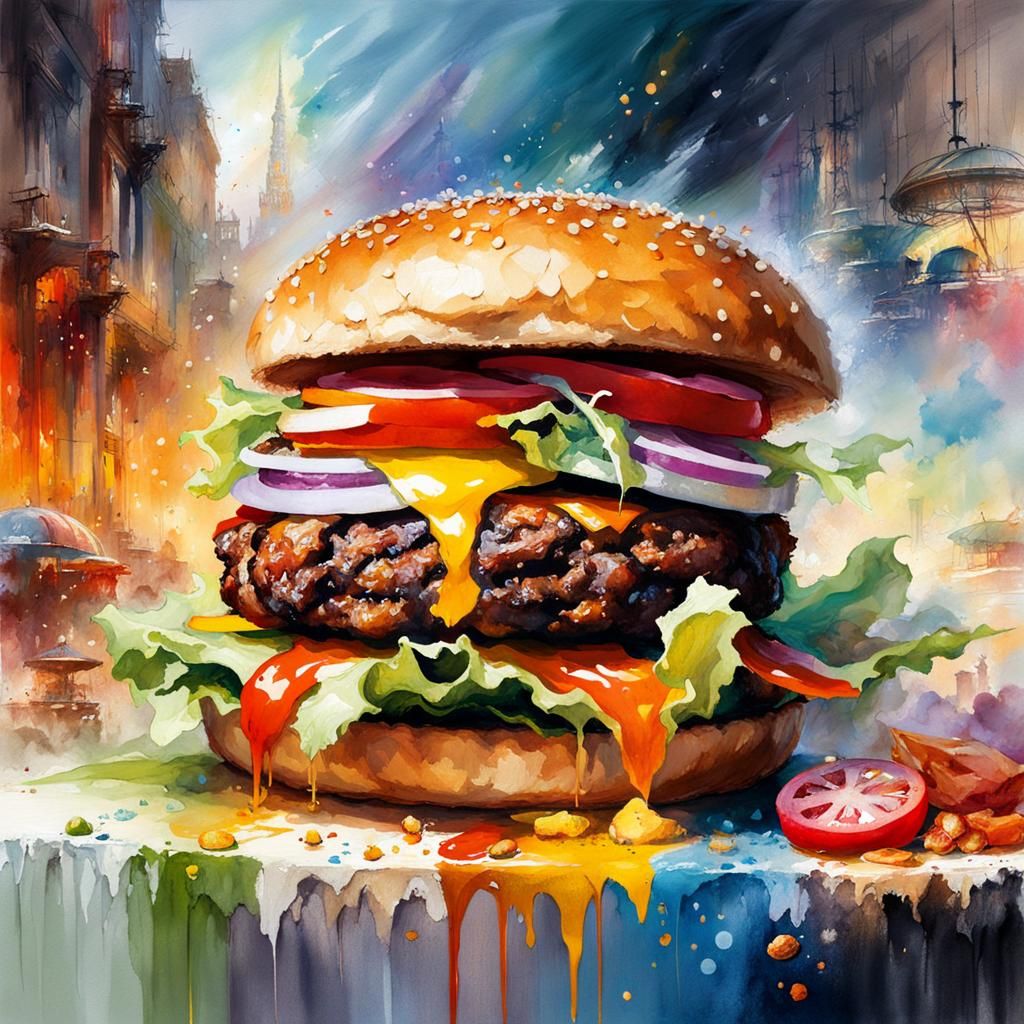 Delicious Vegan Burger in Timescape Art Style