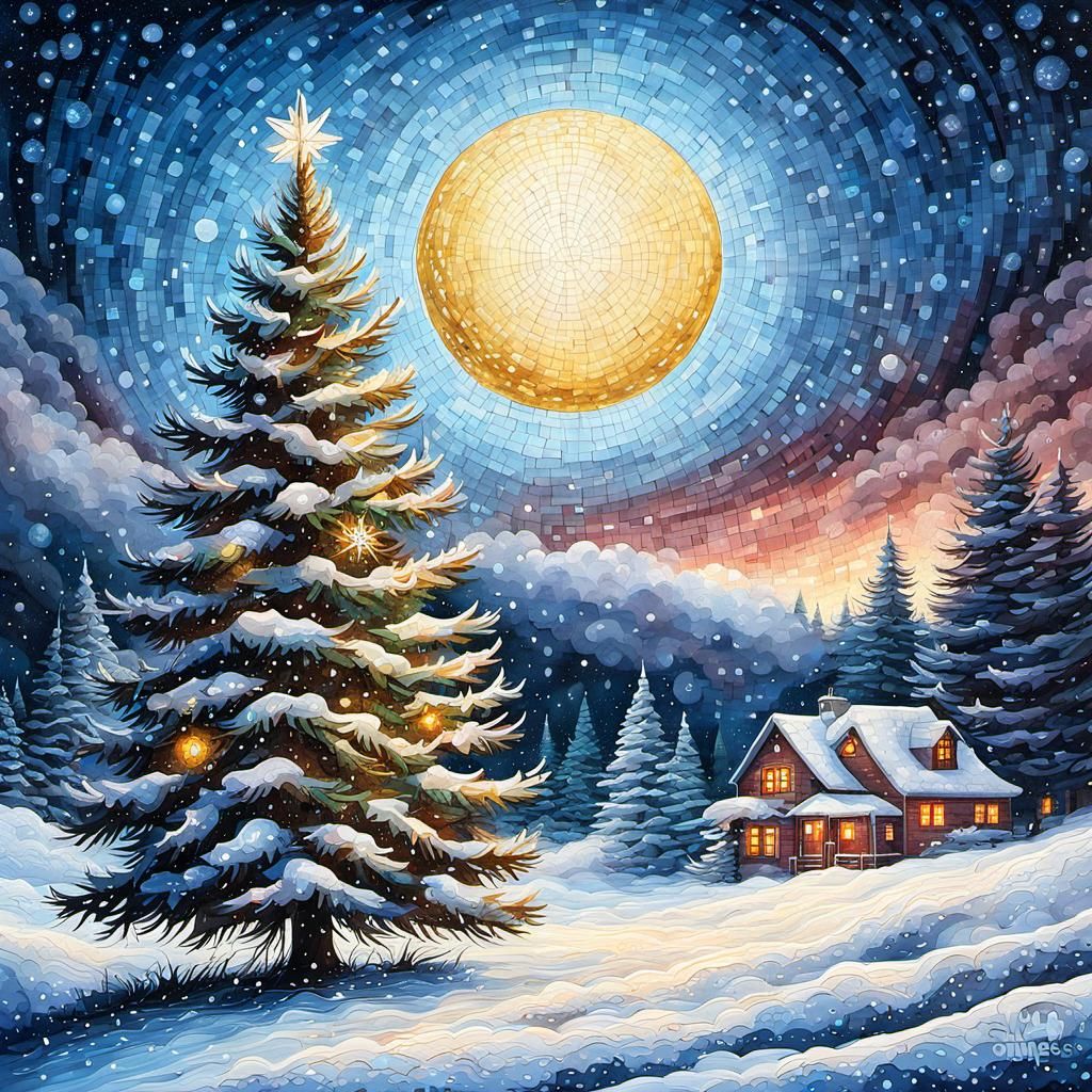 Winter Farmhouse Scene with Mosaic Sky in Digital Art