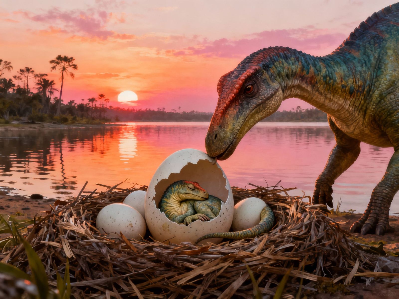 Parasaurolophus Mom Nudges Egg in Dinosaur Nest