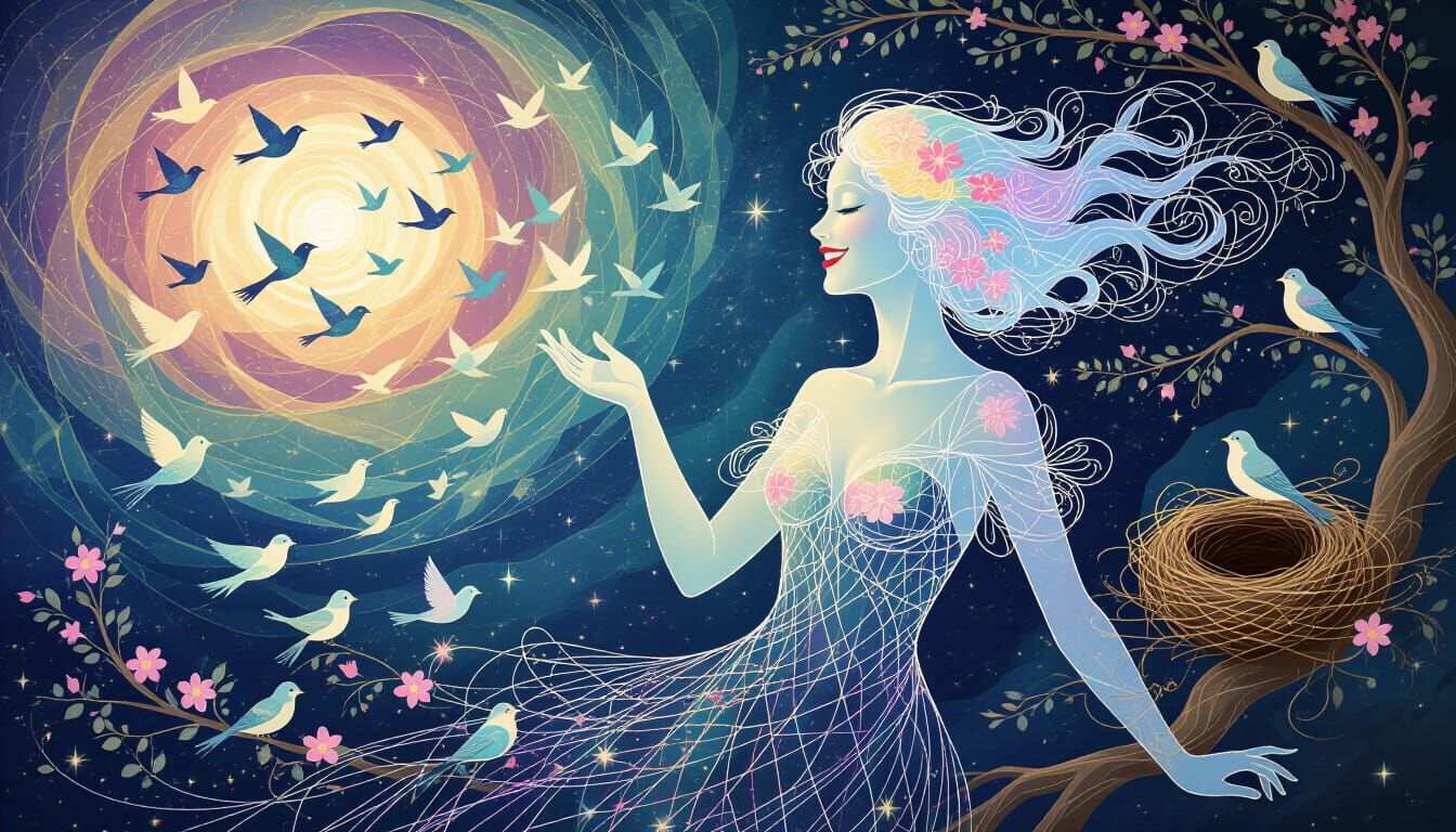 Ethereal Woman Dissolves Into Birds Amidst Cosmic Energy