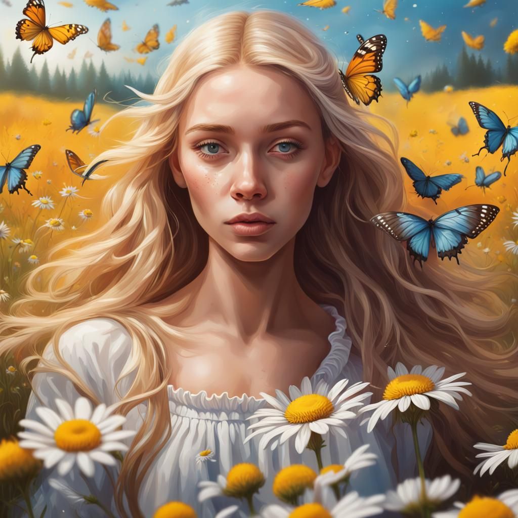 Girl in Chamomile Field with Butterflies, Hyperrealistic Art