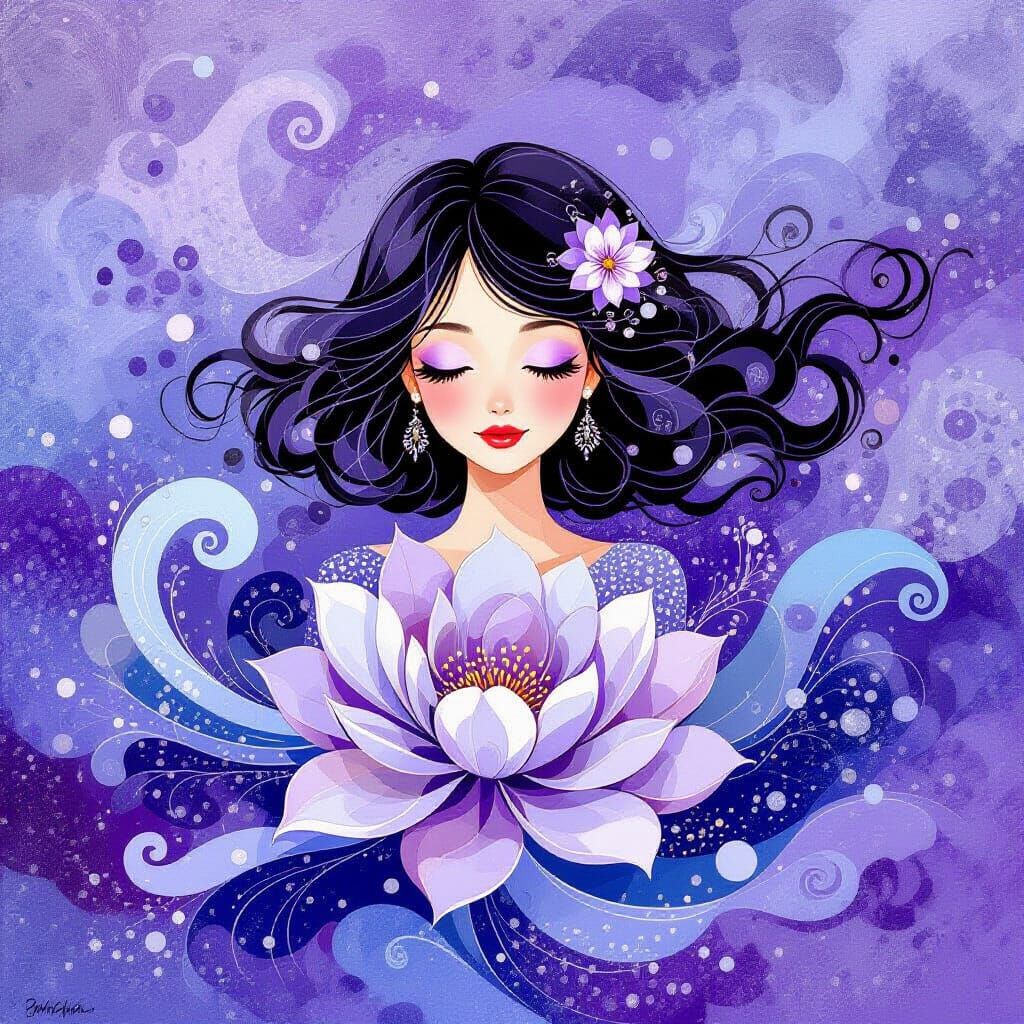 Whimsical Woman with Flower in Abstract Style