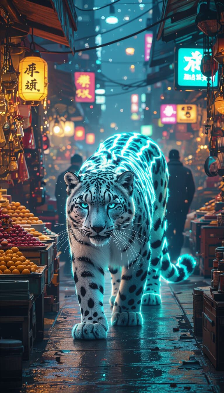 Neon Snow Leopard in Cyberpunk Marketplace