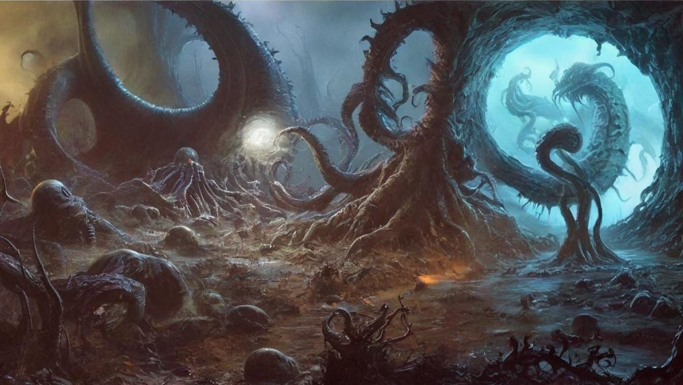 Lovecraftian Horror Landscape in Dark Fantasy Style