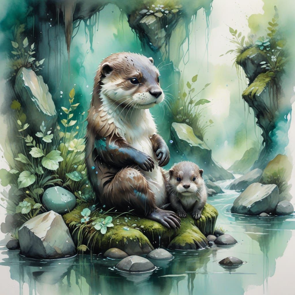 Otters Playing in Misty Waterfall Grotto, Impressionistic St...