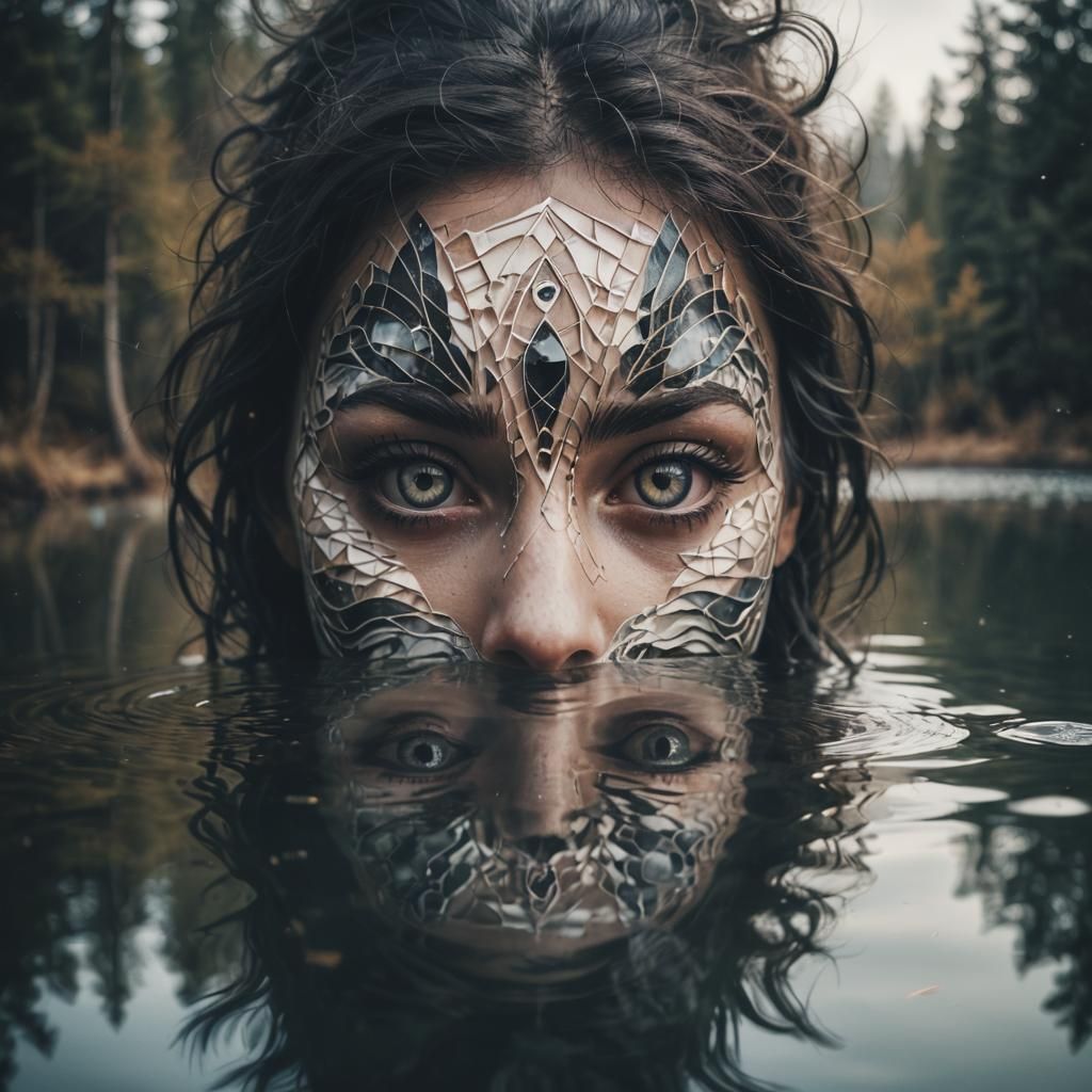 Mysterious Werewolf Eyes Reflected in Lake