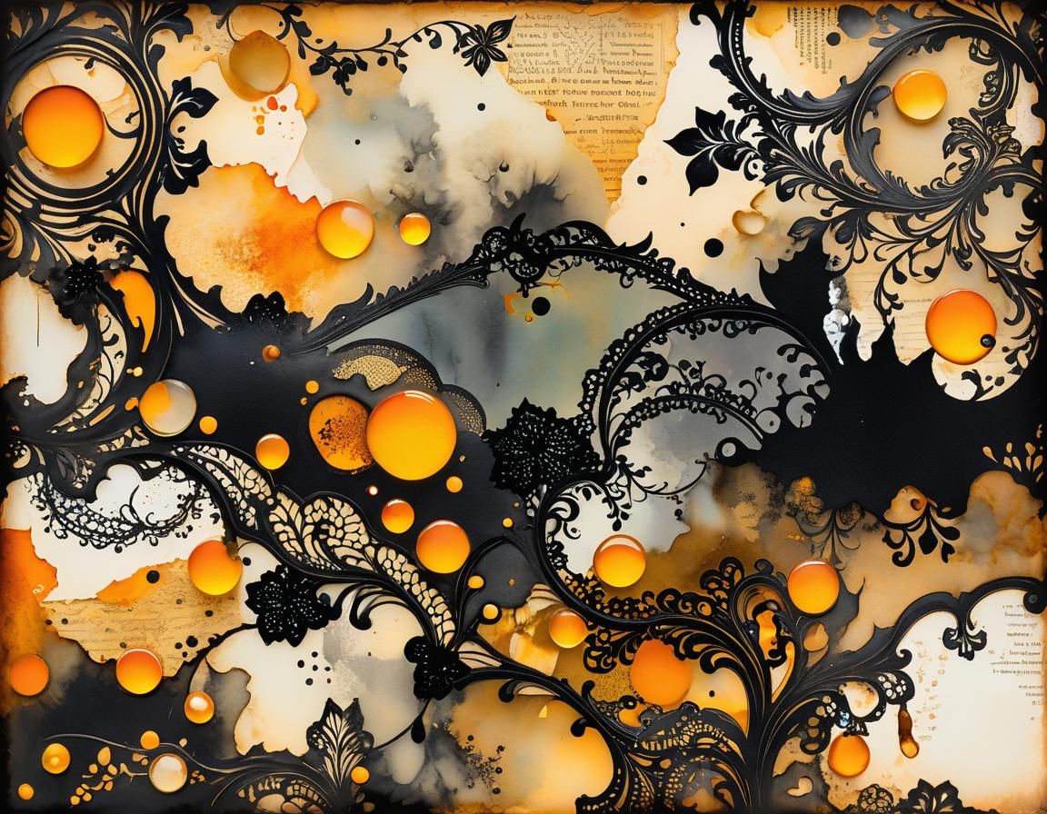 Abstract Mixed Media with Lace and Ink