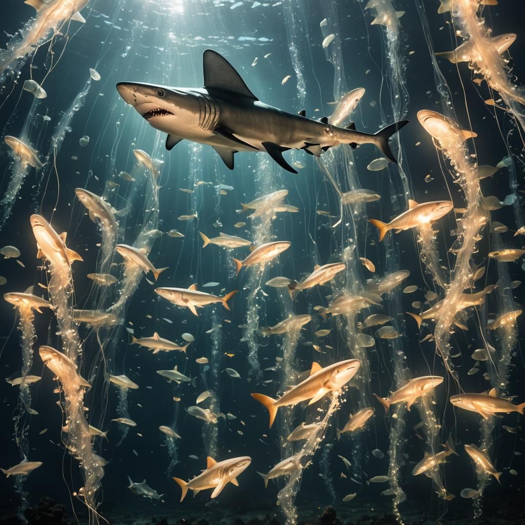 Glowing Glass Sharks in Bioluminescent Ocean