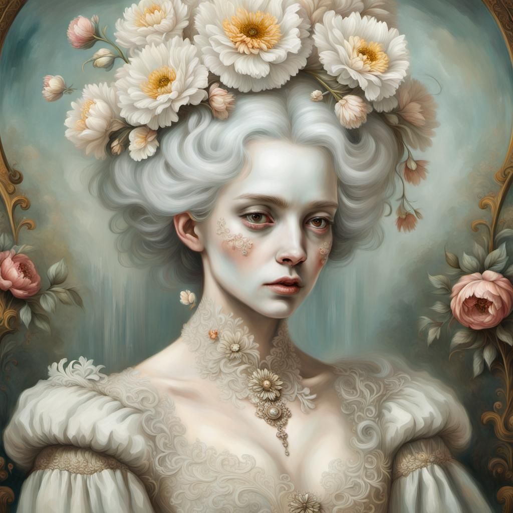 Sad Woman with Flowers in Rococo Style