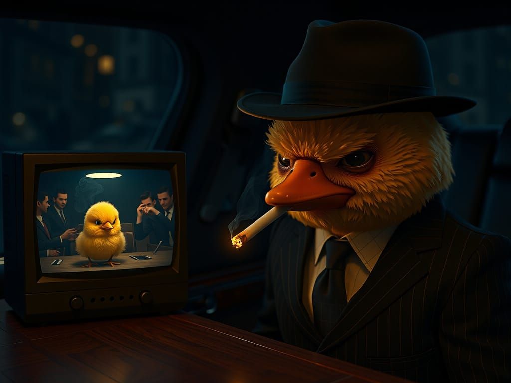 Crime Boss Duck Watching Interrogation: 8K Render