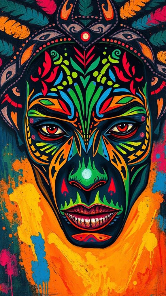 Impasto Oil Painting of Vibrant African Portrait in Neon Col...