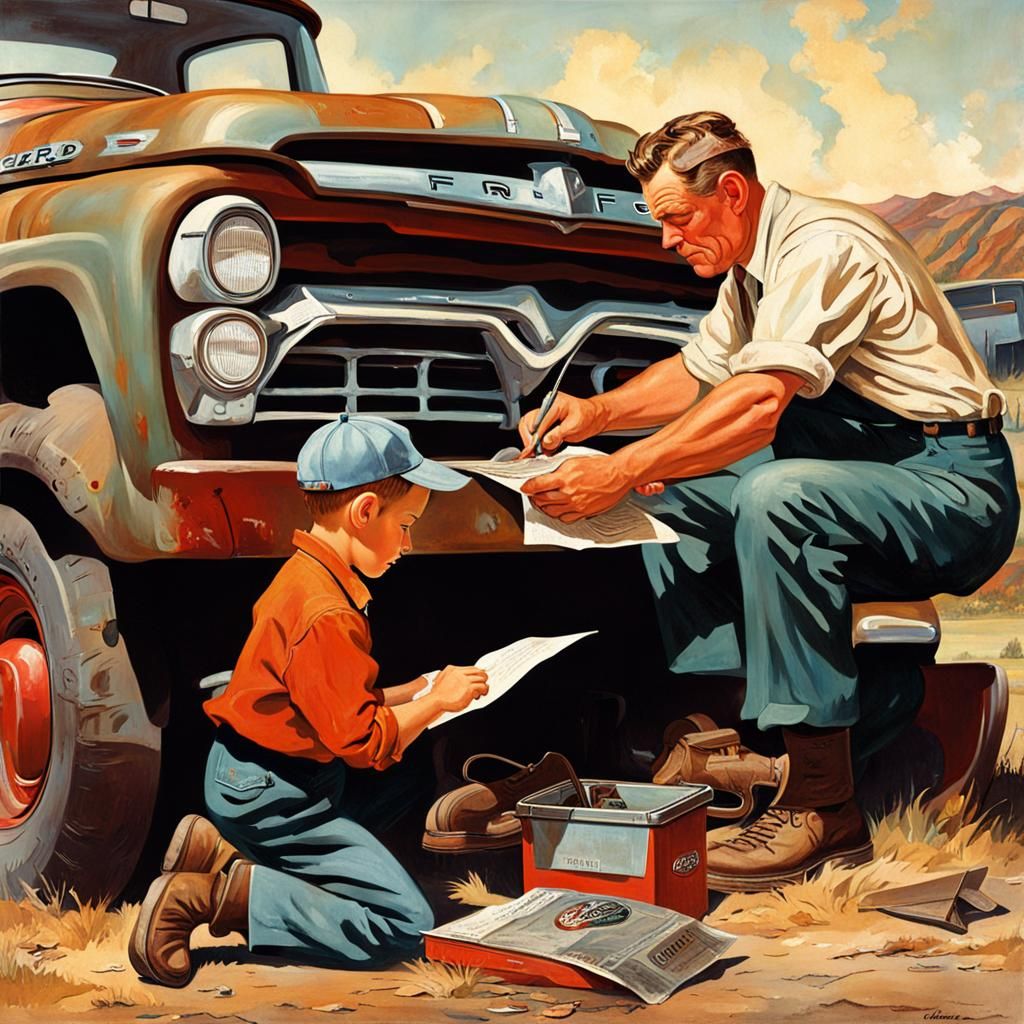 Father and Son Repairing Truck, Rockwell Style