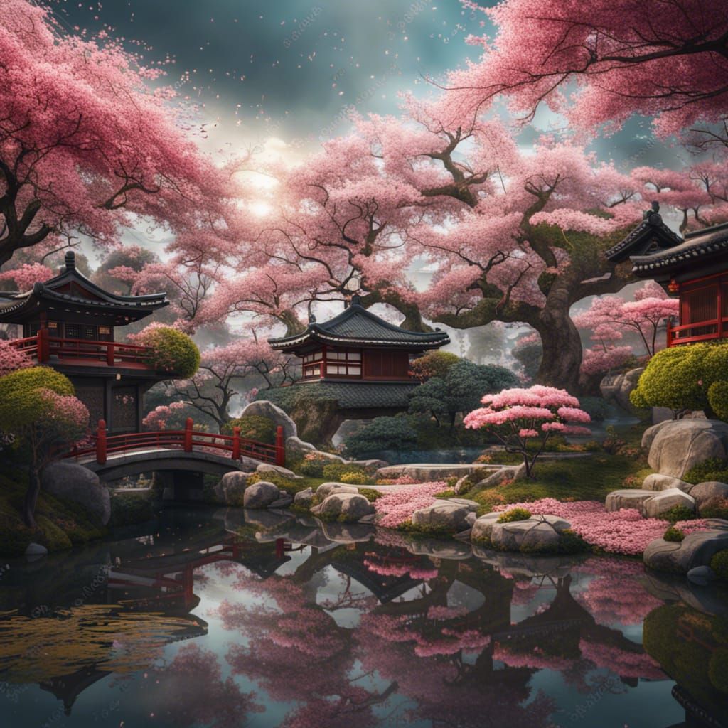 Japanese Cherry Blossom Garden: Digital Matte Painting