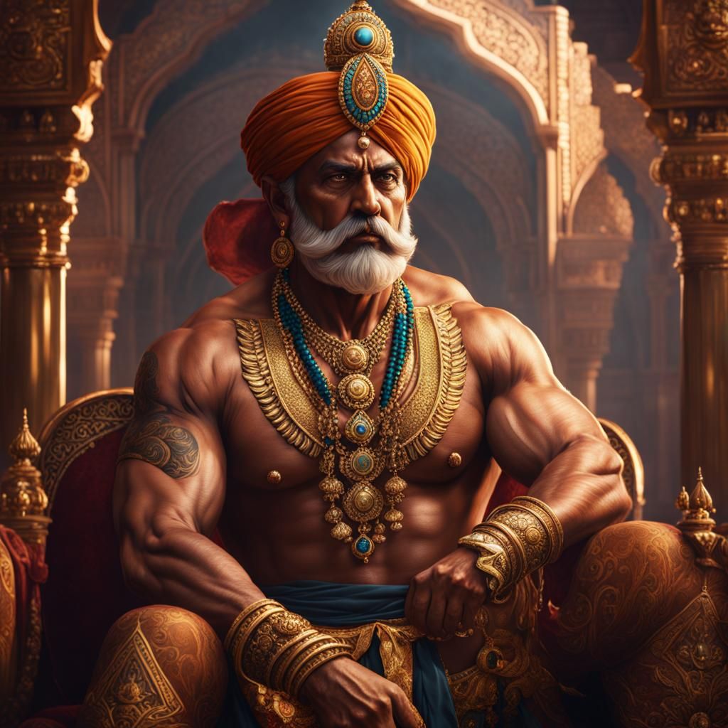 Shirtless Mature Man as Maharaja: Detailed Matte Painting