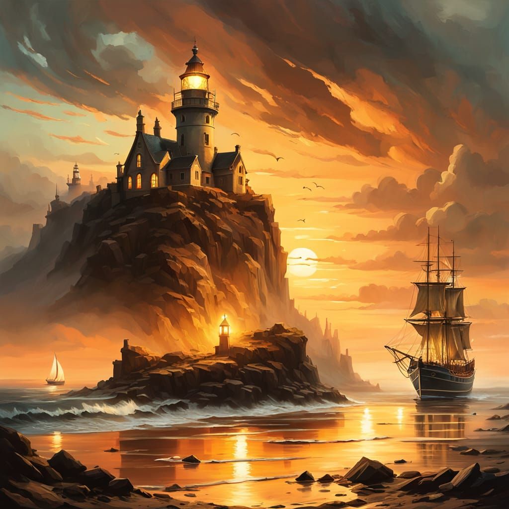 Eerie Lighthouse Sunset in Gothic Art Style