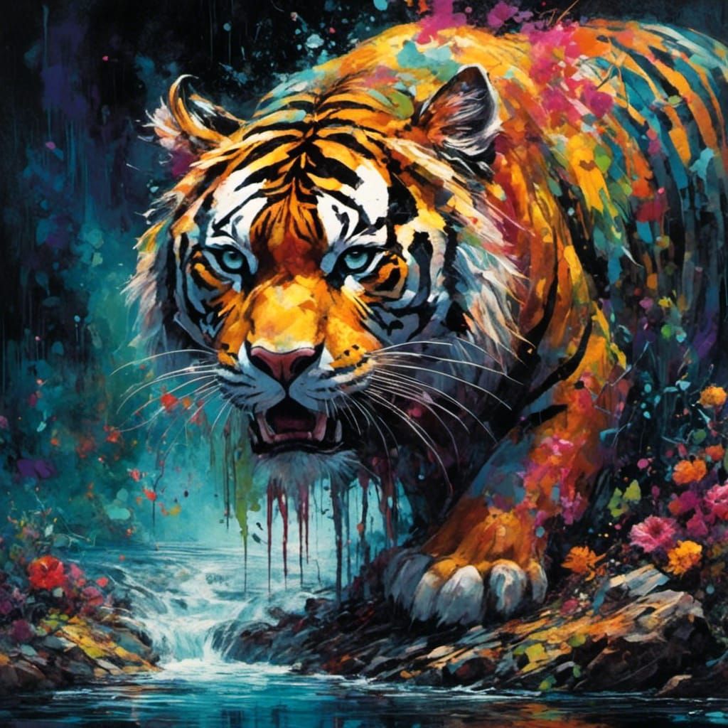 Tiger by River in Graffiti Splash Art Style