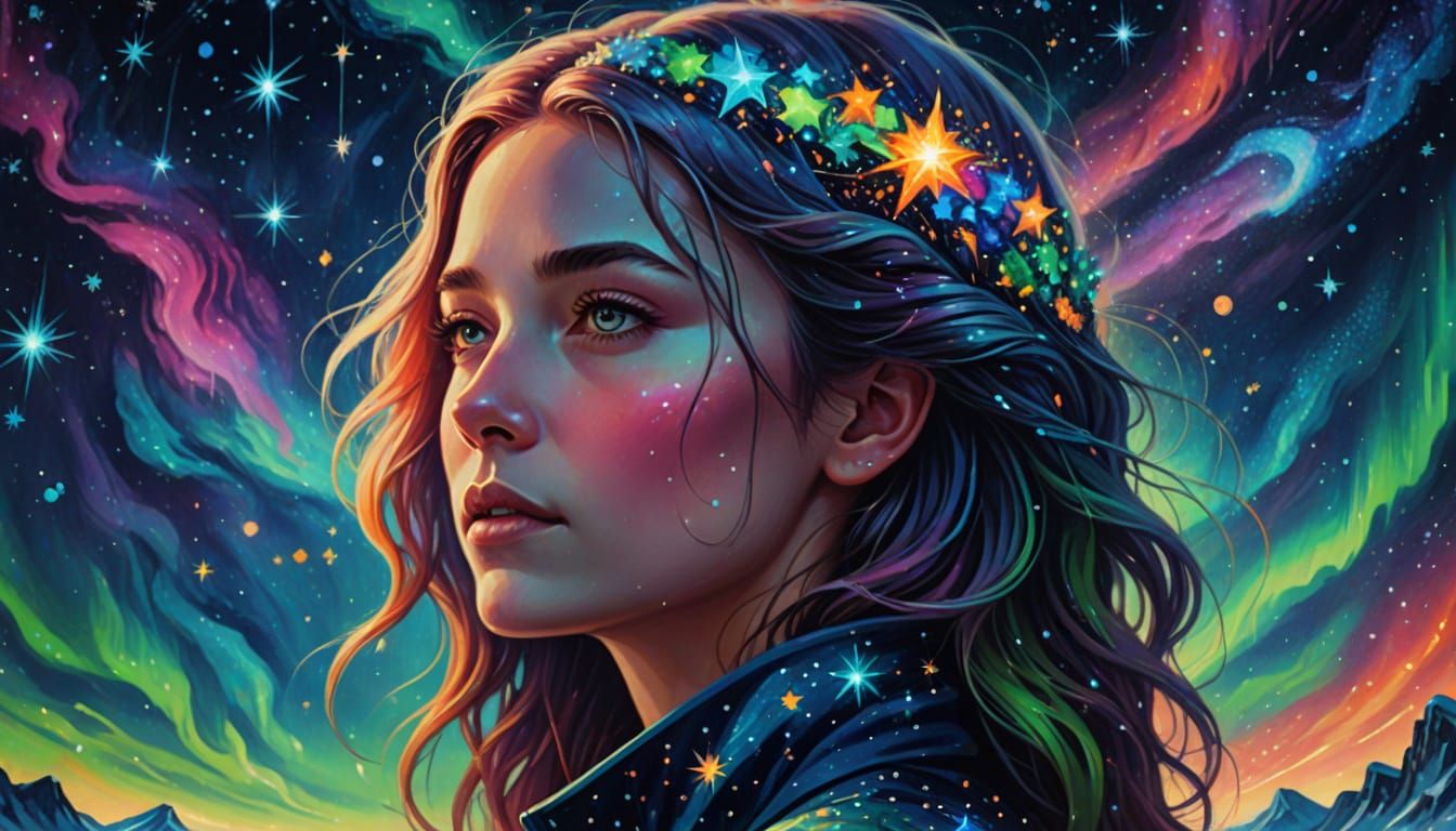 Surreal Woman Among Constellations: Vibrant Oil Painting