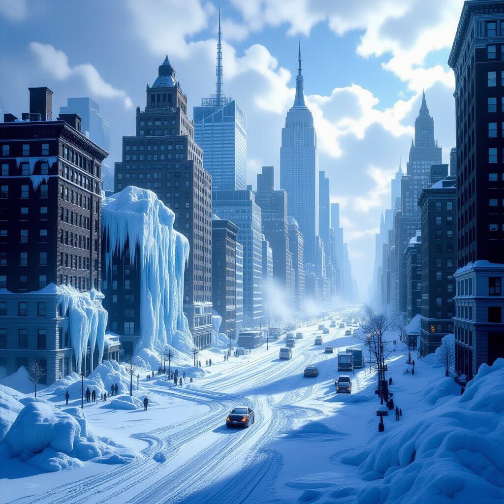 NYC Glacier Era: Frozen Skyscrapers in Hyperreal Art