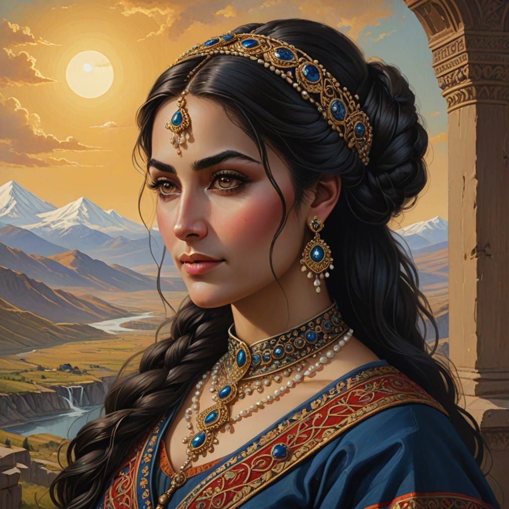Royal Armenian Noblewoman in Sunlit Ancient Landscape