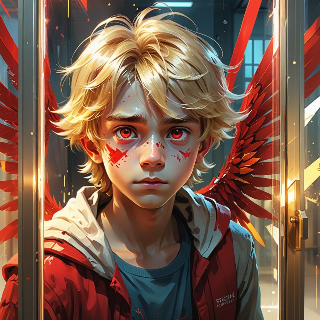 Boy with Red Wings Looking into Laboratory, Digital Art