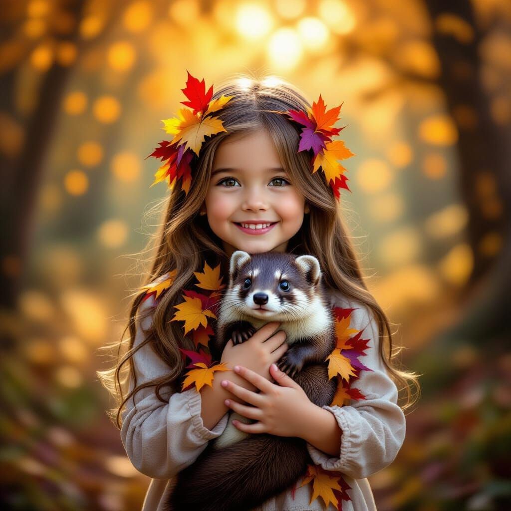 Girl With Weasel in Fantastical Autumn Forest