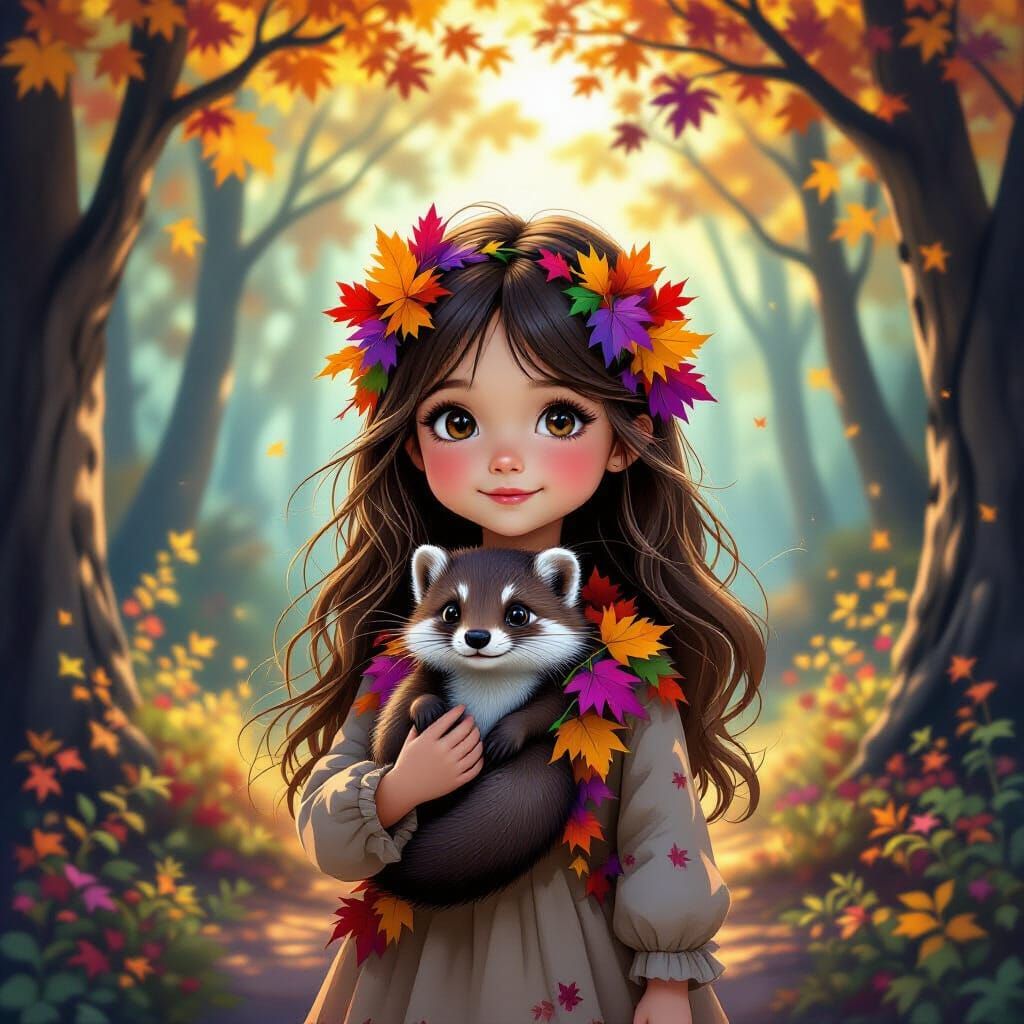 Girl With Weasel in Enchanted Autumn Forest