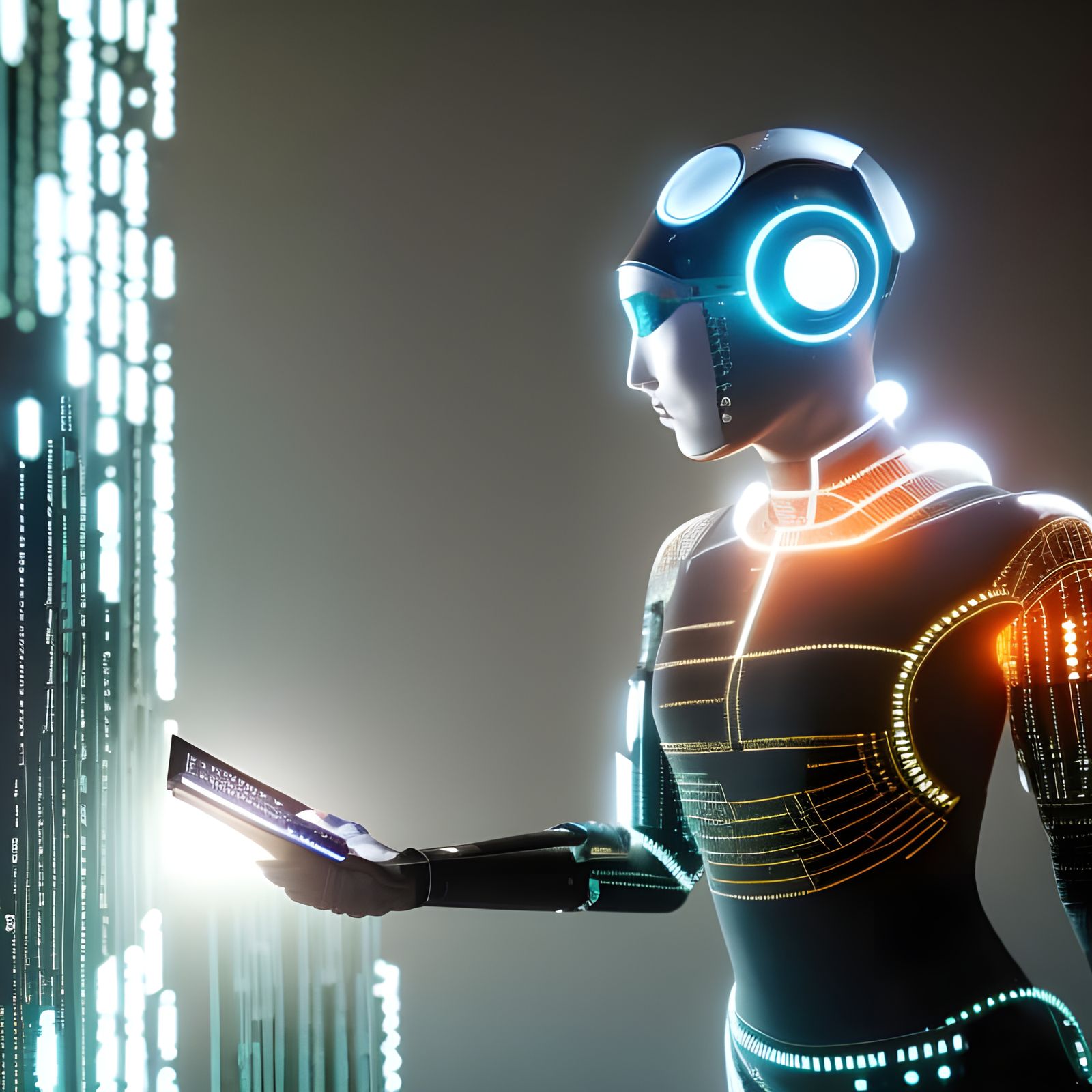 Cyborg Woman in Matrix-Style Binary Code