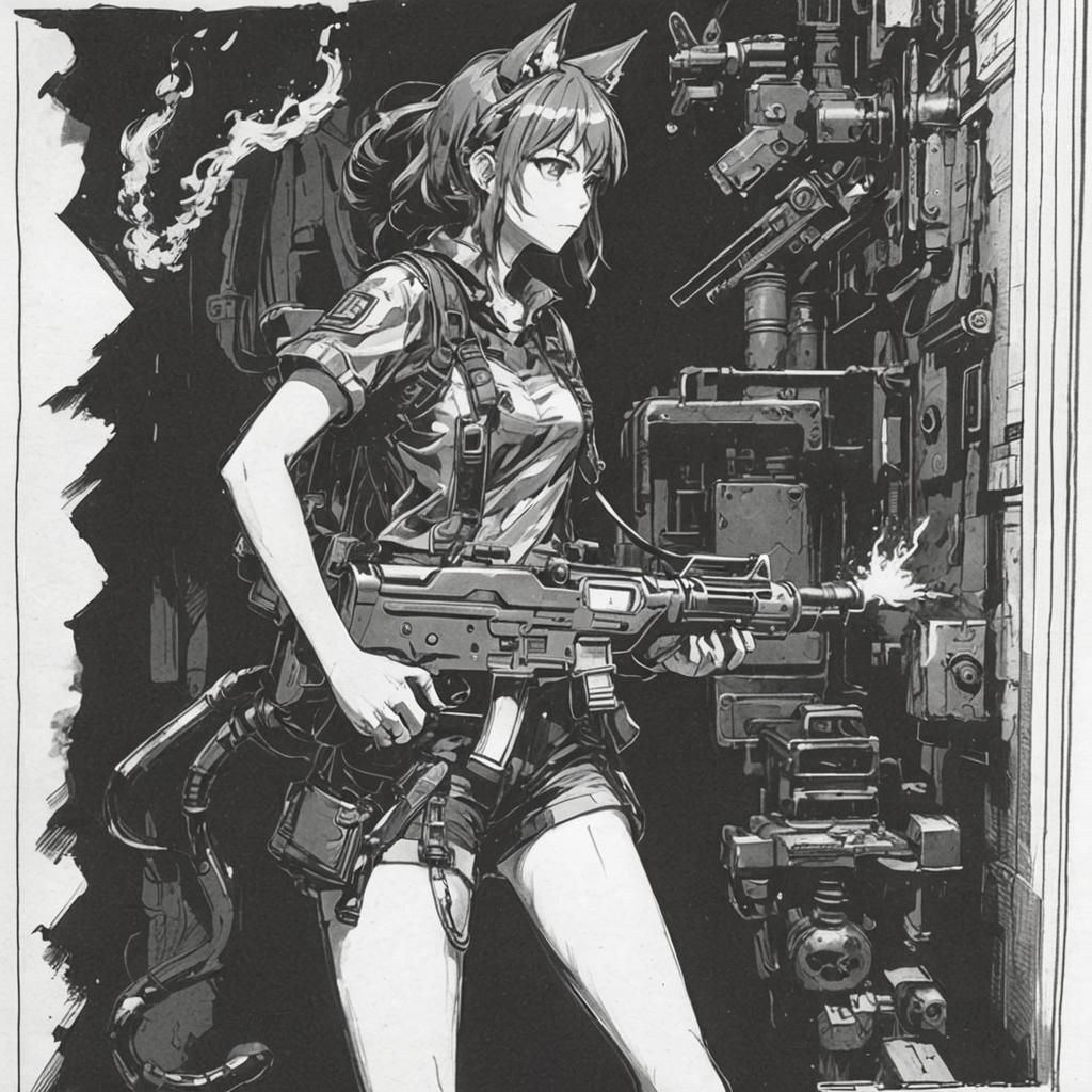 Anime Girl with Cat Ears and Flamethrower