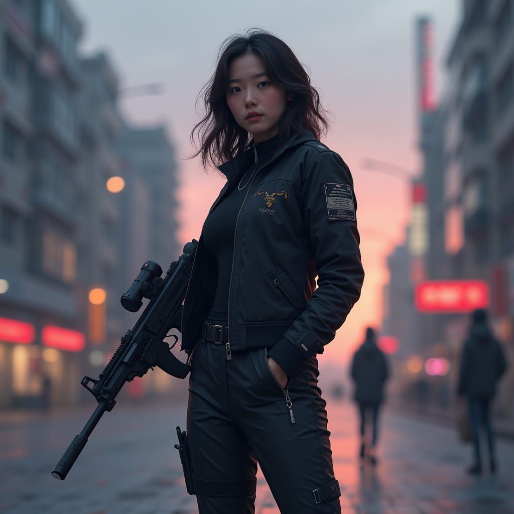 Confident Korean Woman in Urban Cityscape at Dusk