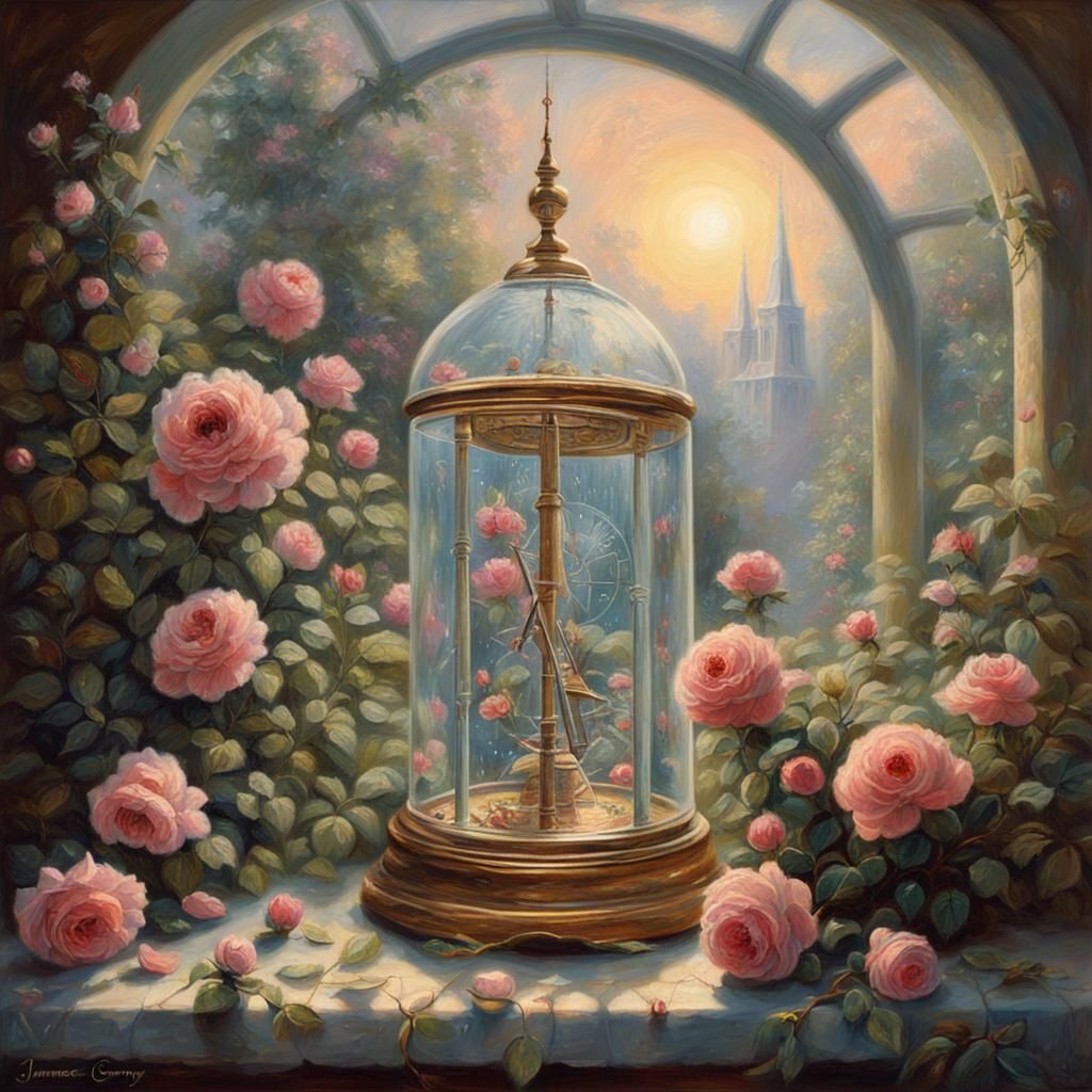 Enchanted Garden in Bell Jar: Ethereal Oil Painting